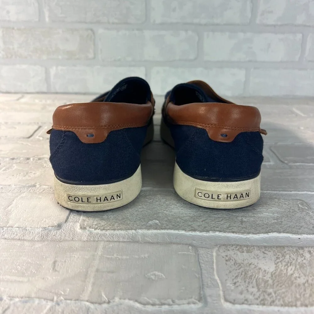 Cole Haan‎ Mens 9.5 M Nantucket 2.0 Navy Blue Brown Canvas Slip On Penny Loafer